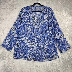 Y2K Chicos Beaded Abstract Blouse Blue Artsy Indie Sheer Lightweight Resort Sz 2